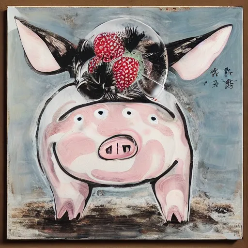 Image similar to “pig paintings and pig sculptures in a pig art gallery, pork, ikebana white flowers, white wax dripping, squashed raspberry stains, acrylic and spray paint and oilstick on canvas, by munch and Dali”