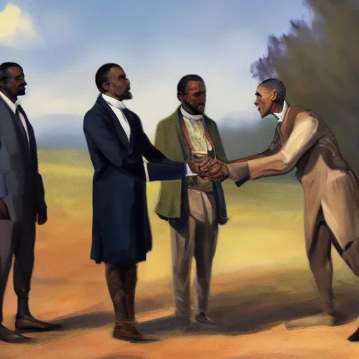 Image similar to painting of president obama meeting solomon northup and shaking hands, sunny day, 4 k