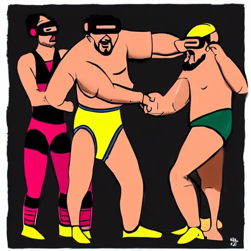 Prompt: shrugging wrestlers wearing vr headsets professionally illustrated by jonathan bruns