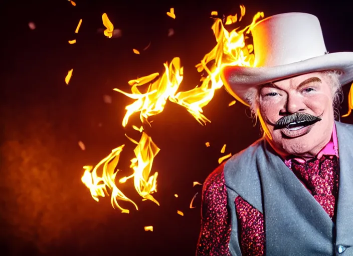 Prompt: photo still of rip taylor at a burning saloon 1 9 1 5!!!!!!!! at age 5 4 years old 5 4 years of age!!!!!!! throwing confetti from a bucket, 8 k, 8 5 mm f 1. 8, studio lighting, rim light, right side key light