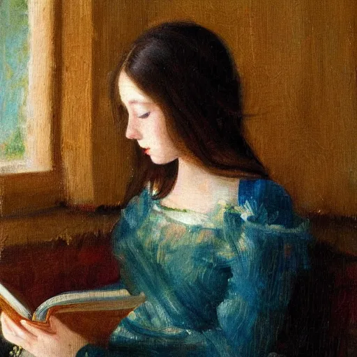 Image similar to a girl reading a book, her hair flowing down, subtle, intricate details, real masterpiece, oil on canvas, by john smith