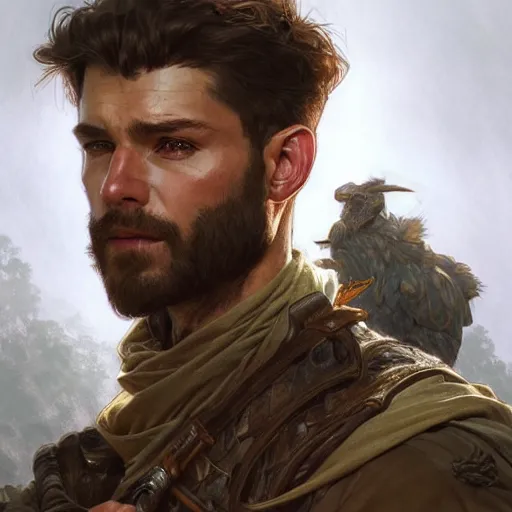 Image similar to portrait of a rugged male ranger looking back, masculine, D&D, muscular, fantasy, intricate, elegant, highly detailed, digital painting, artstation, concept art, smooth, sharp focus, illustration, art by artgerm and greg rutkowski and alphonse mucha