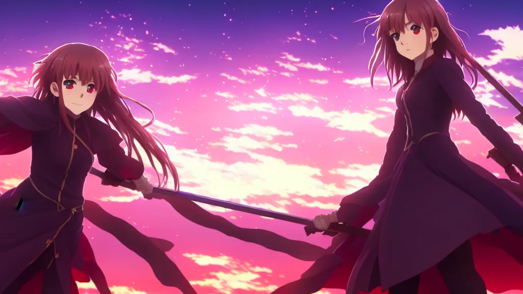 Image similar to emma watson, heavens feel movie, demon slayer, ufotable, kyoani, high quality, artstation, key visual, cinematic, city background, night time, rooftop, fate stay night, unlimited blade works, greg rutkowski, high resolution, dynamic pose, extreme close up, rin outfit, anime, high angle, high budget