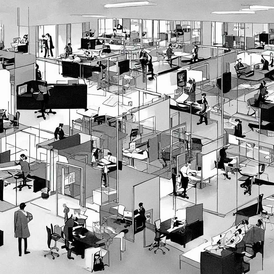 Image similar to concept art of severance indoor office scenario, in a film of jacques tati