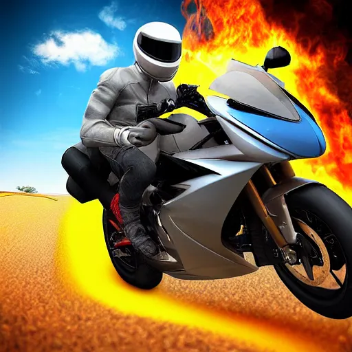 Image similar to new aesthetic and fast motorcycle. Flaming roads. photo realistic. high details. race. hyper realistic