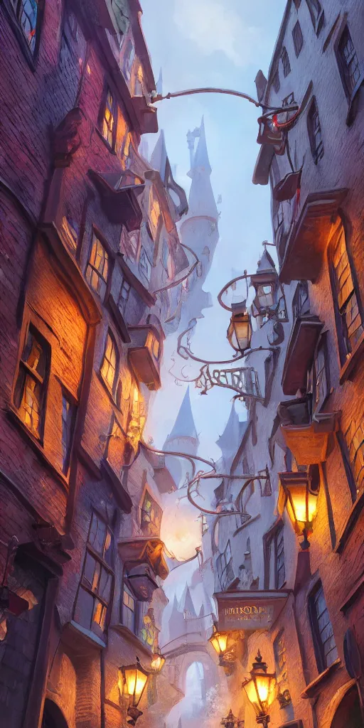 Prompt: Diagon Alley. Magical summer, trending on artstation, 50mm, by Noah Bradley