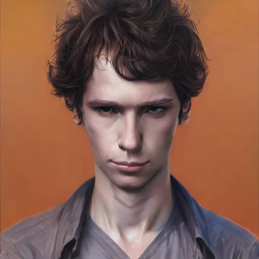 Prompt: a head - on portrait of a 2 0 - something engineering student, brown messy hair, by wayne barlowe and charlie bowater