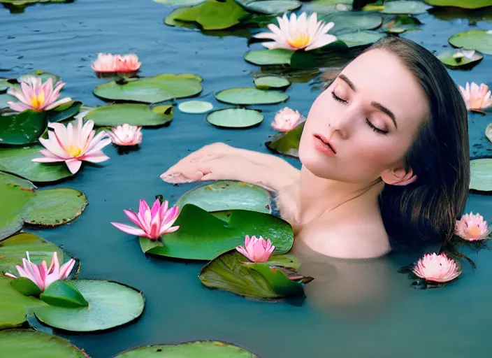 Image similar to face is emerging from the water Kodak Portra 400, 8K, soft light, volumetric lighting, highly detailed, britt marling style 3/4, photo close-up portrait of extreme beautiful girl floating in water surrounded by lily pads, half face in the water, a beautiful lace dress and hair are intricate with highly detailed realistic beautiful flowers , Realistic, Refined, Highly Detailed, natural outdoor soft pastel lighting colors scheme, outdoor fine art photography, Hyper realistic, photo realistic