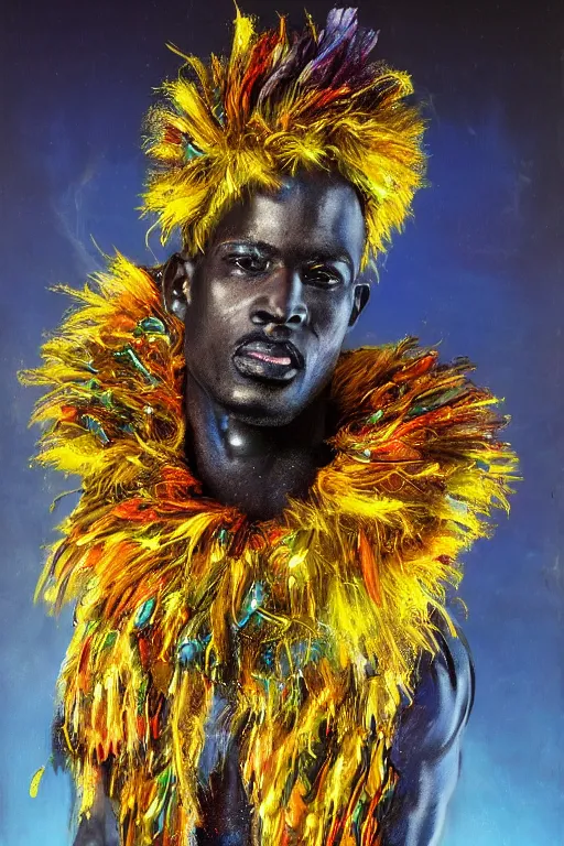 Image similar to detailed full body concept illustration of an African male with body augmentations, strong neon lighting, Afrofuturism, extravagant feathered collar, by Greg Staples, hyper realistic, HD, oil on canvas