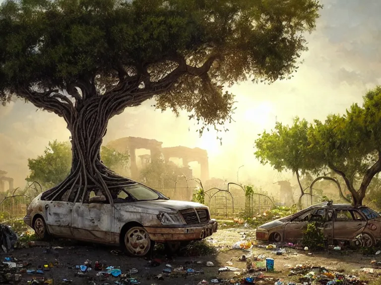 Prompt: a tree growing on a scrap car in ancient greek ruins, gray wasteland, many scrap cars, trash, rubble, overgrown, pillars and arches, colorful flowers, vines, hyperrealistic, highly detailed, cinematic, ray of golden sunlight, beautiful, cgsociety, artstation, 8 k, oil painting by greg rutkowski, by artgerm, by wlop
