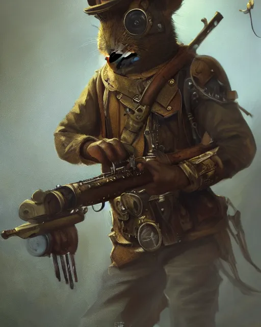 Image similar to oil painting of anthropomorphized hamster holding Rifle, steampunk clothes, close shot, full body, dark steampunk mine shaft background, sharp focus, fantasy style, octane render, volumetric lighting, 8k high definition, by greg rutkowski, highly detailed, trending on art Station, dungeons and dragons artwork, centered