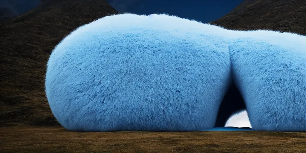 Image similar to a strange huge translucent pvc inflated organic architecture building with blue fluffy fur inside by anish kapoor sits in the rock mountains, film still from the movie directed by denis villeneuve with art direction by zdzisław beksinski, close up, telephoto lens, shallow depth of field