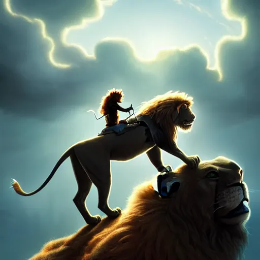 Image similar to portrait of doc brown riding on ( ( ( lion king ) ) ), disney animation, sharp, illustration, sharp, fanart, anime key art by greg rutkowski, bloom, dramatic lighting sharp focus, cinematic, artbook, smooth, centered