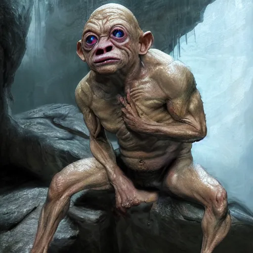 Image similar to hyperrealistic mixed media high resolution painting of Danny DeVito Gollum perched in a dark cave, stunning 3d render inspired art by Jamie Salmon and István Sándorfi and Unreal Engine and Greg Rutkowski, perfect facial symmetry, dim volumetric lighting, 8k octane beautifully detailed render, full body shot, post-processing, extremely hyper-detailed, intricate, epic composition, highly detailed attributes, highly detailed atmosphere, cinematic lighting, masterpiece, trending on artstation, very very detailed, masterpiece, stunning, flawless completion, lifelike texture, perfection,