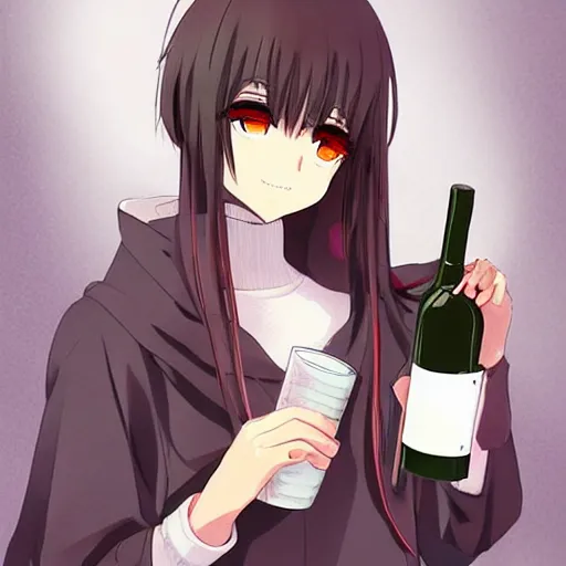 Prompt: anime manga menhera chan boymoder black hoodie brown eyes and hair, drinking wine