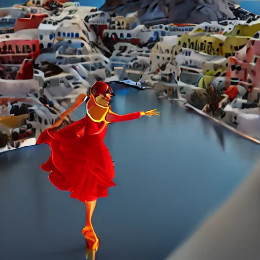 Prompt: beautiful modern dancer wearing a red and yellow and blue swirling dress, standing on a Santorini terrace looking down at the ocean, artstation, cinematic, unreal 5, DAZ, hyperrealistic, octane render, dynamic lighting