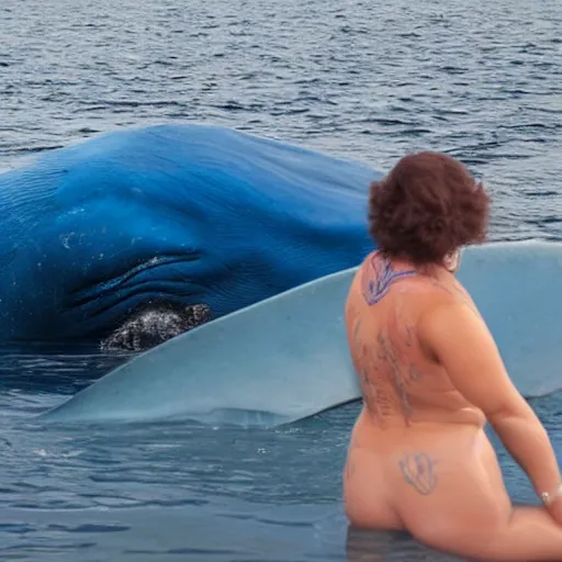 Prompt: photo of a mermaid stroking a blue whale