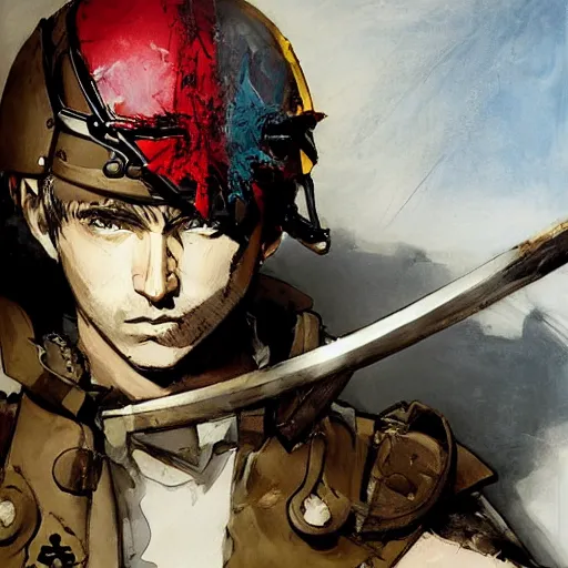 Image similar to portrait of a young white hero using his right arm to hold his sword covering his eye by yoji shinkawa, high quality, extra details, realism, ornate, colored, golden chain, blood, white skin, short hair, brown eyes, vivid, sunlight, dynamic, american man, freedom, white american soldier, painting, cybernetics, military