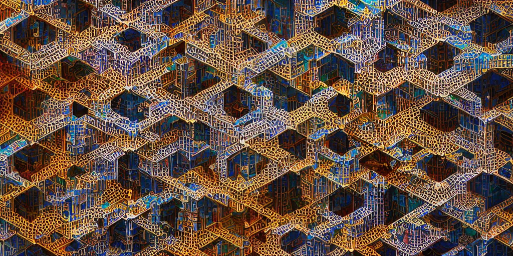 Image similar to endless menger sponge megastructure in the style of mc escher, realistic lighting, very intricate detailed photo, sharp focus, colorful, hd