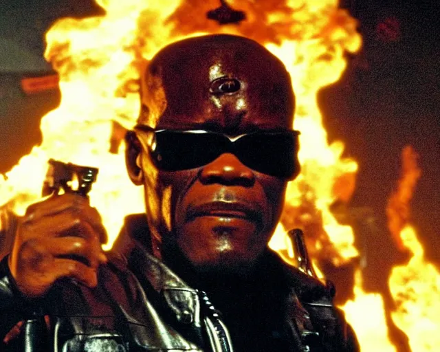 Image similar to Samuel L. Jackson plays Terminator wearing leather jacket and his endoskeleton is visible, walking out of flames