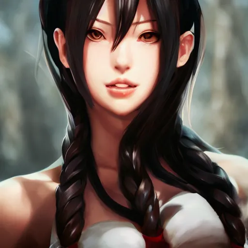 Image similar to head and shoulders of tifa lockhart by wlop, rossdraws, mingchen shen, bangkuart, sakimichan, yan gisuka, jeongseok lee, artstation, 4k