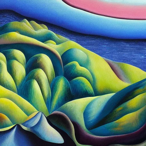 Image similar to detailed painting of a lush natural scene on an alien planet by georgia o'keeffe. beautiful landscape. weird colourful vegetation. cliffs and water.