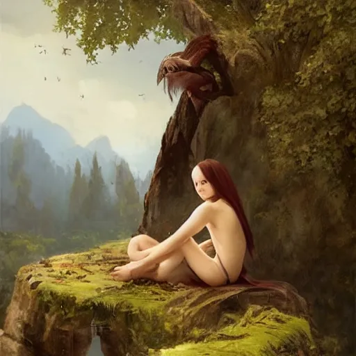 Prompt: Cute young Harpy with bird wings and legs, wearing medieval clothes, sad expression, sitting at a pond, mountainous area, trees in the background, oil painting, by Greg Rutkowski