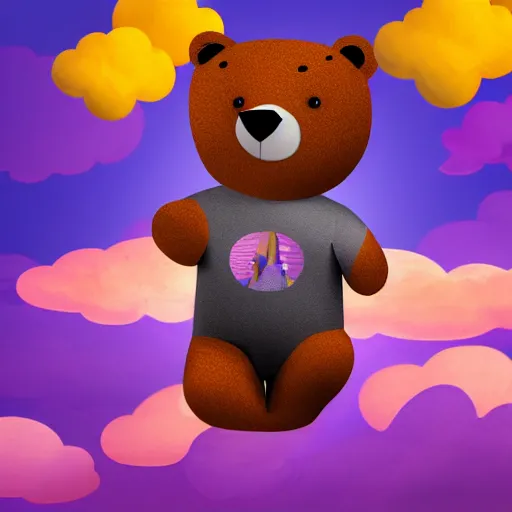 Image similar to cartoon animated bear wearing clothes being launched out of a futuristic machine into a purple and orange cloud land