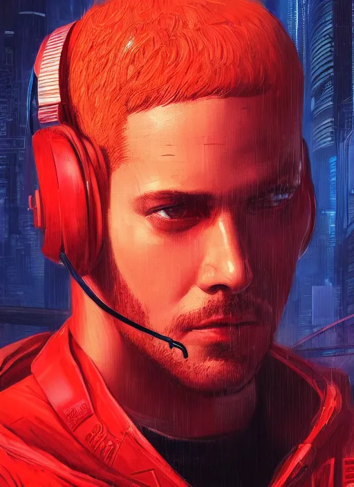 Prompt: cyberpunk character wearing jumpsuit and red jacket and cyberpunk headset. ( blade runner 2 0 4 9, dystopian, cyberpunk 2 0 7 7 character design ). attractive face. portrait by james gurney and laurie greasley, oil on canvas. cinematic, hyper realism, realistic proportions, full view, dramatic lighting, high detail 4 k