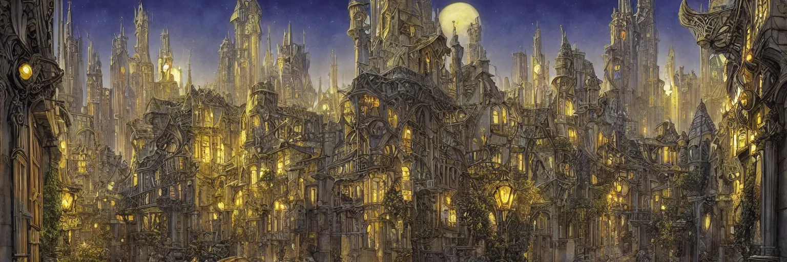 Prompt: an ancient medieval cityscape with art nouveau architecture at night by rodney matthews, michael whelan and michael kaluta
