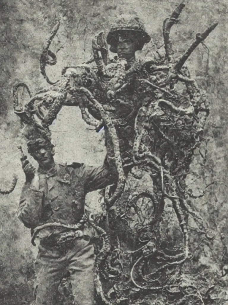 Image similar to 1900 photo of soldier infected with cosmic horror, Lovecraftian