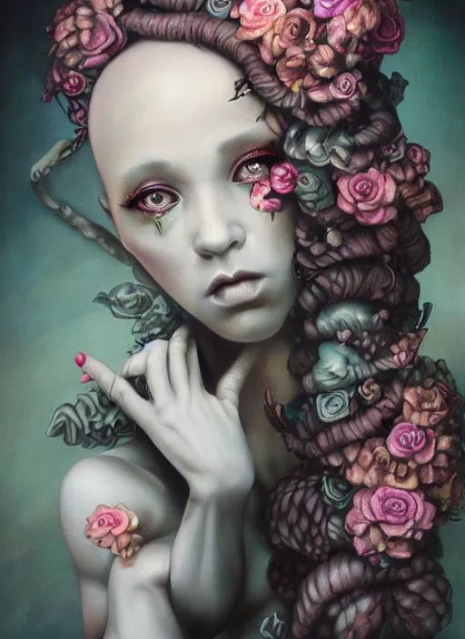 Image similar to pop surrealism, lowbrow art, realistic vin diesel painting, japanese street fashion, hyper realism, muted colours, rococo, natalie shau, loreta lux, tom bagshaw, mark ryden, trevor brown style,