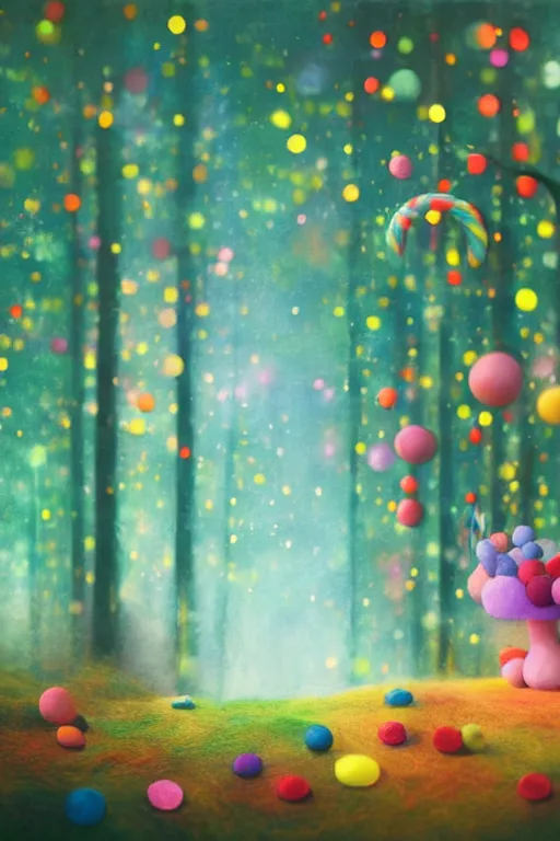 Image similar to a matte digital painting of a candy forest at night, bokeh, bright colours, watercolor, volumetric wool felting, macro photography, children illustration, by goro fujita