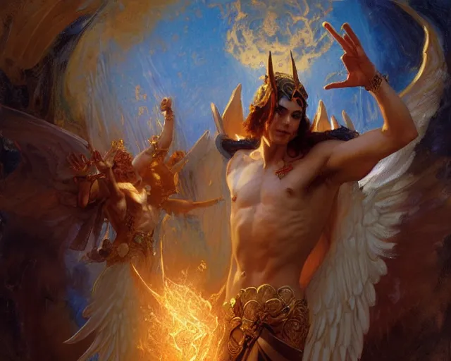 Image similar to attractive pagan male deity, casting chaos magic, summoning handsome lucifer morning star. highly detailed painting by gaston bussiere, craig mullins, j. c. leyendecker 8 k