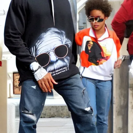 Prompt: Will Smith wearing a hoodie depicting a white Marble Statue of Queen elizabeth wearing cool chains a hoodie and sunglasses