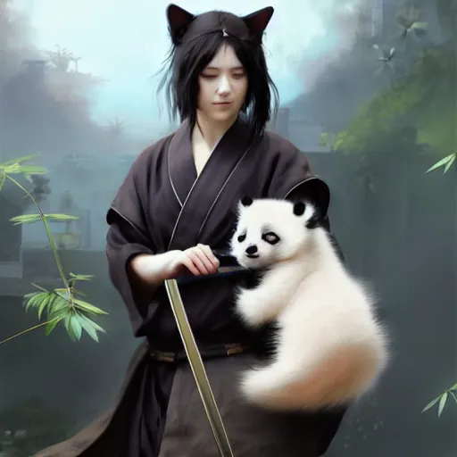 Image similar to cute kitten with panda body and cat face, in a kimono, holds a sword, artwork by greg rutkowski, highly detailed, matte painting, magic the gathering 4 k