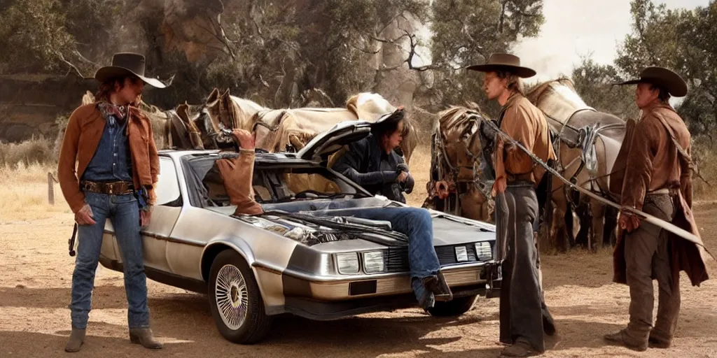 Image similar to a western movie once upon a time in the west with a delorean