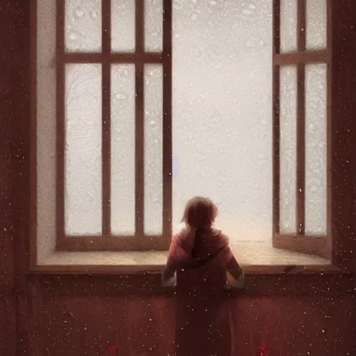 Image similar to A day inside when it is rainy, rainy window, warm colors, sepia, by Greg Rutkowski and studio ghibli