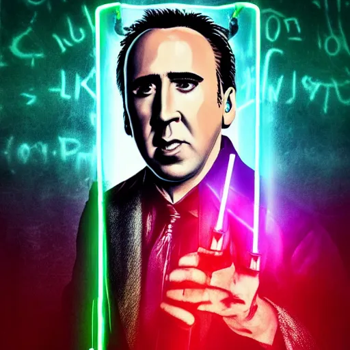 Prompt: enraged nicolas cage in hogwarts, poster, neon vibes