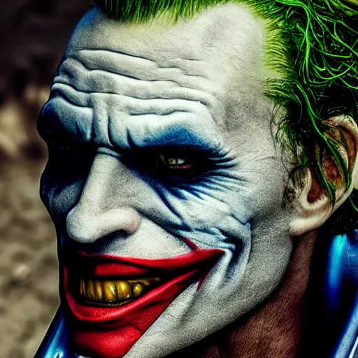 Prompt: cinematic portrait of the joker wearing t - 5 1 b power armor in the desert, 8 k, very detailed, very intricate,