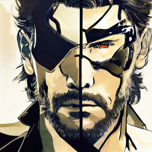 Image similar to metal gear solid, solid snake, yoji shinkawa and victo ngai psychedelic hyperrealism hd