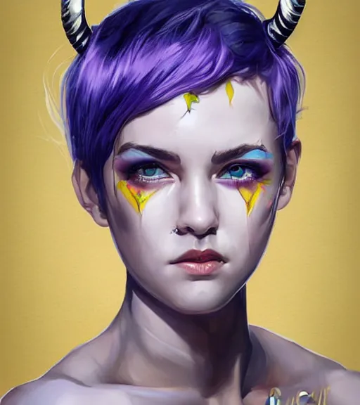 Image similar to portrait of a young cute beautiful female with horns, short blue-hair purple-skin artwork by Sandra Chevrier, metaverse, artstation