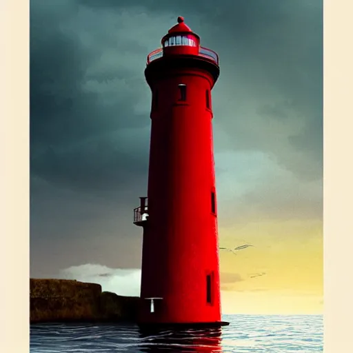 Image similar to beautiful lonely red lighthouse, standing behind red water, 4 k resolution, ultra detailed, style of greg rutkowski, ryan dening,