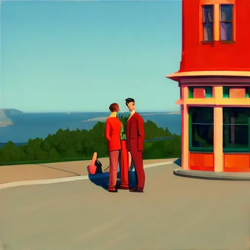 Image similar to a fine art painting of the ingame avatars from planet coaster with a coaster in view in the style of edward hopper and wes anderson.