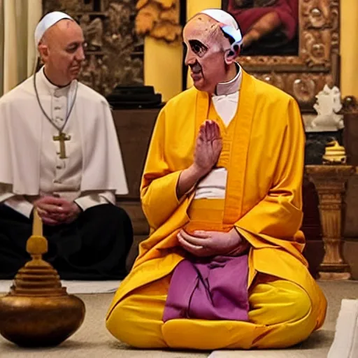 Image similar to Pope Francis becoming a Buddhist monk and meditating in the lotus pose