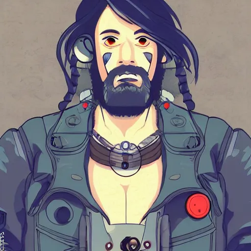 Prompt: studio ghibli cyberpunk portrait character, charming japanese cyberpunk portrait of a bearded character, cartoon,