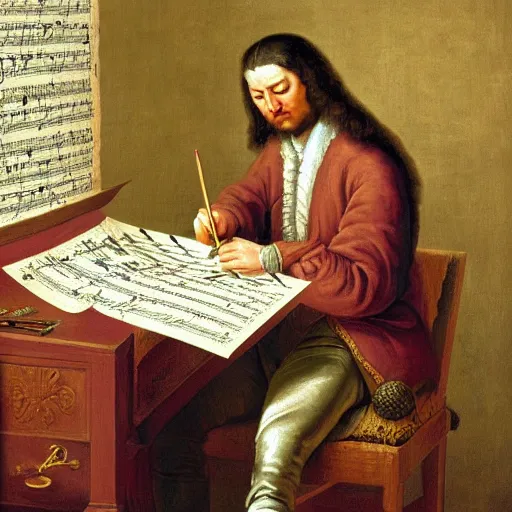 Image similar to highly detailed painting of bach writing a piece of music on a sheet of paper, he is inside of a wooden shack, 4 k resolution, by jaquis luis david, visible paint layers, renaissance.