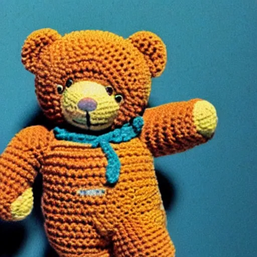 Prompt: anime, a multicolored crochet teddy bear, movie still, studio ghibli