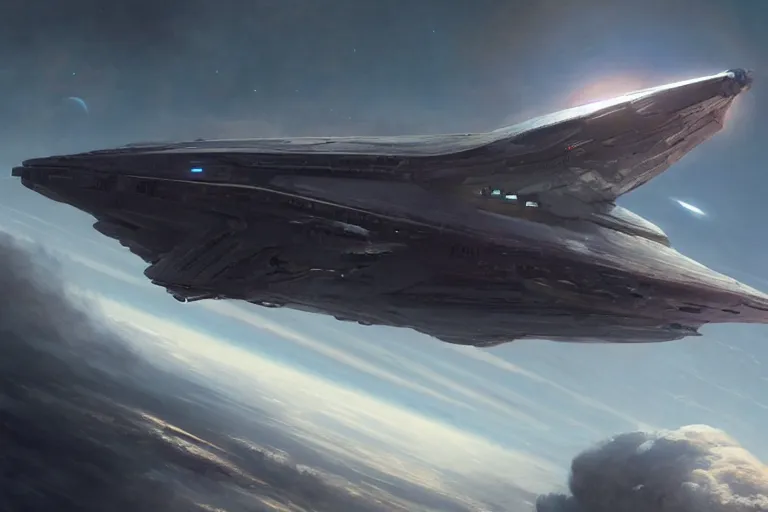 Image similar to hyper realistic sci - fi matte concept art painting of a starship above earth, beautiful details, strong composition painted by kim jung guweta studio rutkowski, james gurney and greg rutkowski, and lucasfilm, smooth, intricate, detailed, sharp focus, cinematic