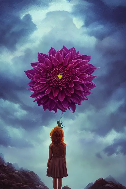 Image similar to closeup giant dahlia flower as head, girl standing on mountain, surreal photography, blue storm clouds, dramatic light, impressionist painting, digital painting, artstation, simon stalenhag